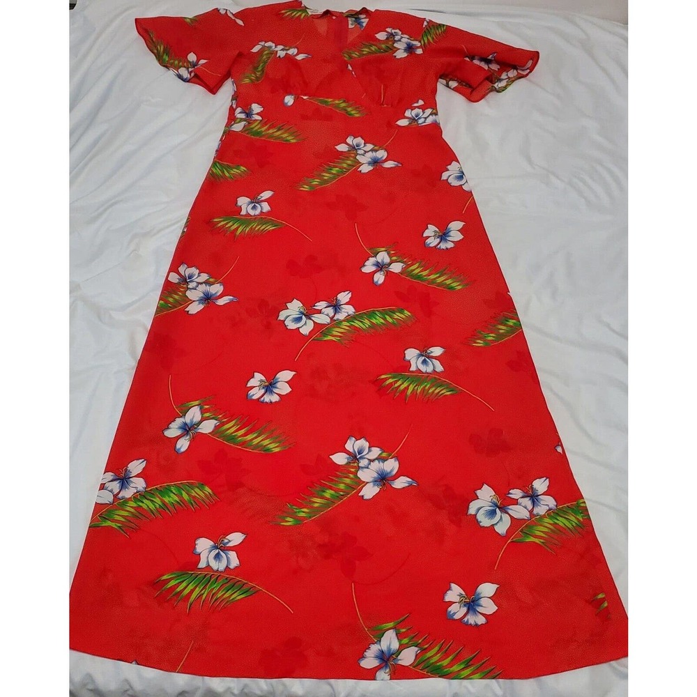 VTG Kimo's Polynesian Shop Womens Dress Red Floral Hawaiian Maxi Short Sleeved